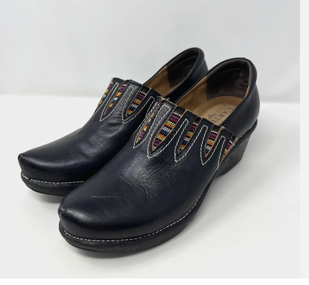 L'Artiste Scribbles Spring Step Slip On Clog Shoes Black Leather Boho Women 40